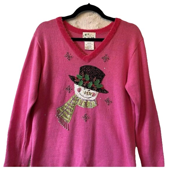 Quacker‎ Factory Sweater Size M Pink Snowman Sequins Long Sleeve Beaded Holidays - Picture 3 of 9